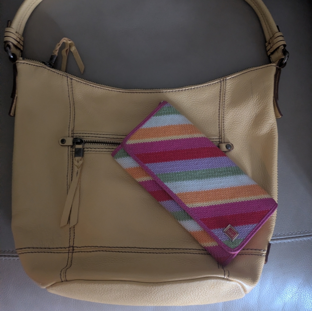 Sack Yellow Leather Handbag with Brand New Sack Colorful Striped Wallet